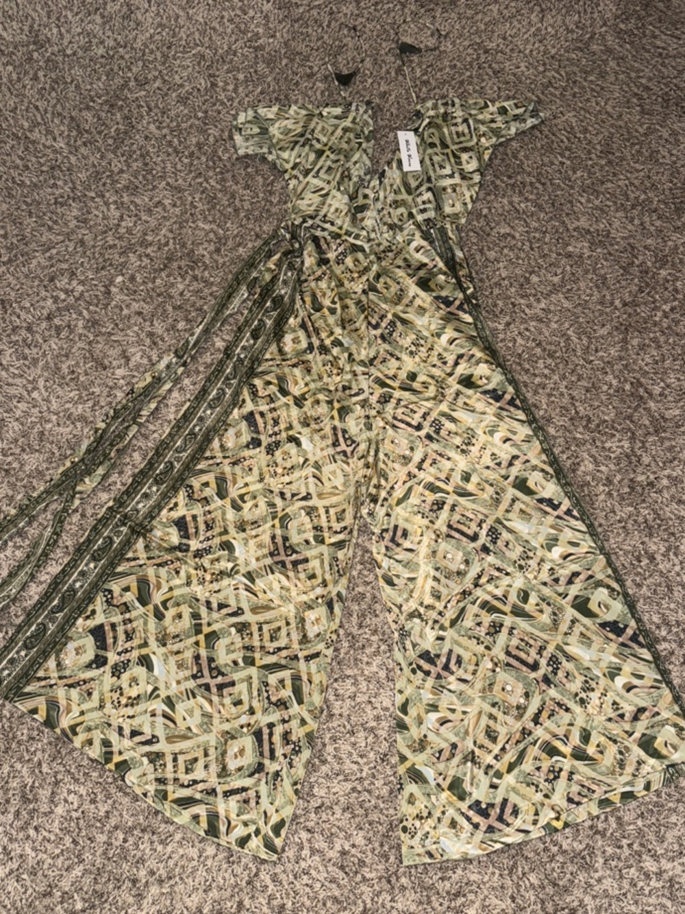 Bohemian Green Patterned Jump Suit - Lightweight V-Neck Tie In Back
